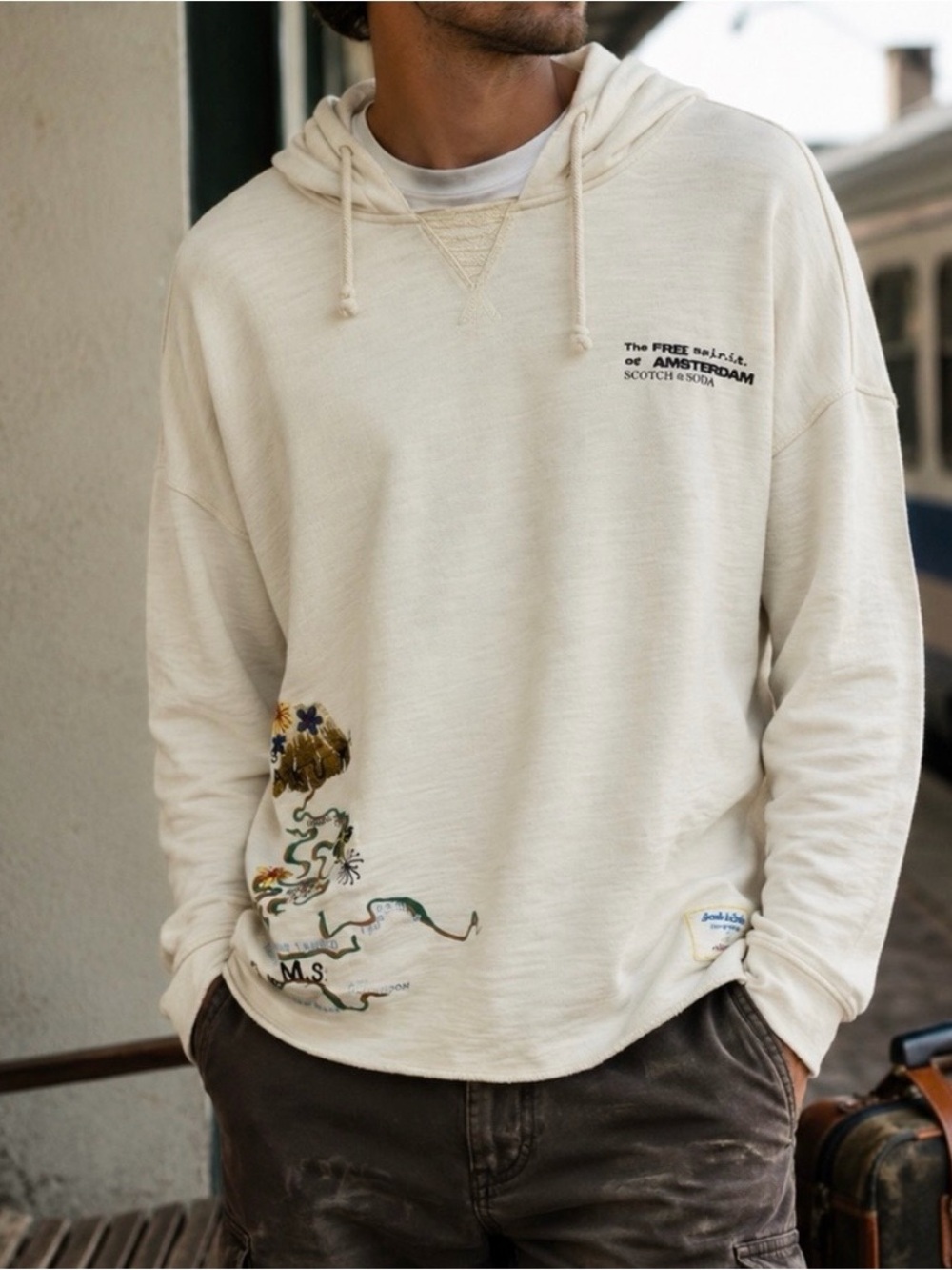 Scotch & Soda Cream Hoodie with Embroidered Detail Weekend Edition